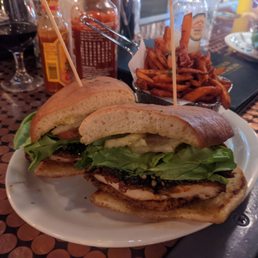 Southern fried chicken sandwich with sweet potato fries