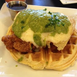 Bru's Wiffle - Green salsa fried chicken and waffles with fried egg