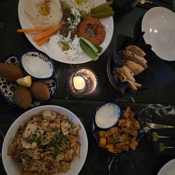 Falasteen - Mixed plate with all the dips, batata harra, kobbeh and cauliflower. So yummy! - Middle Eastern Near Me - San Francisco, California