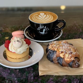 Bibble & Sip - Raspberry Lychee Tart, Filled Black Sesame Almond Croissant and Lavender Latte with Almond Milk (25% sweet) - Coffee & Tea Near Me - New York, New York