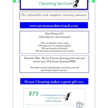 An Immaculate Touch Cleaning Service - Get a FREE cleaning! After 9 cleaning are paid for in cash, your 10th cleaning is free. - Home Cleaning Near Me An Immaculate Touch Cleaning Service - Get a FREE cleaning! After 9 cleaning are paid for in cash, your 10th cleaning is free. - Home Cleaning Near Me