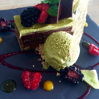 Miku - Green tea opera cake with homemade green tea ice cream. - Japanese Near Me - Vancouver, British Columbia