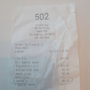 Chicken Guy! - 75 cents per sauce. - Chicken Shop Near Me - Los Angeles, California