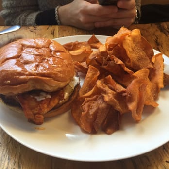 Inspiration Kitchens - Nashville chicken sandwich w/ sweet potato chips (little spicy but good!) - New American Near Me - Chicago, Illinois Inspiration Kitchens - Nashville chicken sandwich w/ sweet potato chips (little spicy but good!) - New American Near Me - Chicago, Illinois