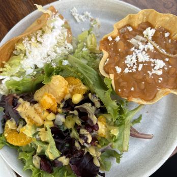 Los Agaves - Crispy chicken taco with beans and salad (instead of rice) - Tacos Near Me - Santa Barbara, California