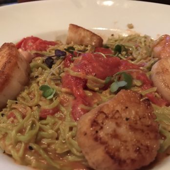 Firefly - I couldn't find this on the menu, but it's seared scallops with a homemade pasta. It was delicious! - Steakhouses Near Me - Panama City Beach, Florida Firefly - I couldn't find this on the menu, but it's seared scallops with a homemade pasta. It was delicious! - Steakhouses Near Me - Panama City Beach, Florida