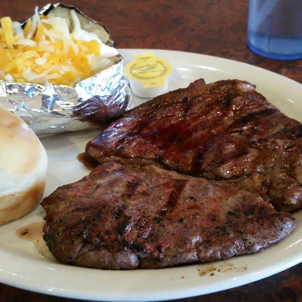 12 oz Sirloin with loaded baked potato. Nice steak at a great price. 12 oz Sirloin with loaded baked potato. Nice steak at a great price.