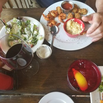 Marker 7 Coastal Grill - Side salad, blackened shrimp, fried oysters, and cheese grits. - Seafood Near Me - Athens, Georgia