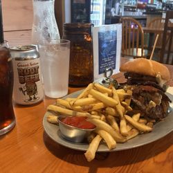 Blue Bluecheese Burger, Fries, Great Nation Root Beer.
