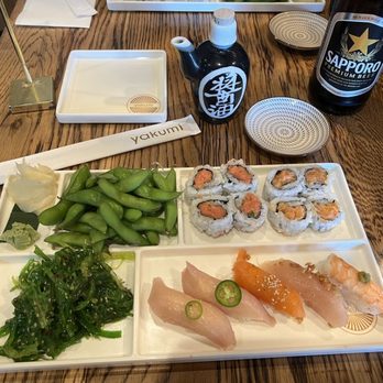 Yakumi - Classic Combo with yellowtail, salmon, albacore, shrimp; spicy tuna & salmon rolls; seaweed salad & edamame. - Sushi Bars Near Me - Burbank, California