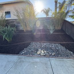Brown mulch with bender board on slope. Brown mulch with bender board on slope.