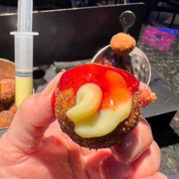 Topgolf - Injectable donut holes (with Bavarian cream & raspberry jelly) - so good!! - New American Near Me - Austin, Texas Topgolf - Injectable donut holes (with Bavarian cream & raspberry jelly) - so good!! - New American Near Me - Austin, Texas