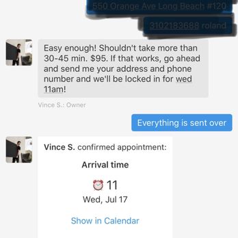 Socal Tv Installs - Screen shot showing we agreed on 11 am start time. He didn't show up until 11:45 am - Home Theatre Installation Near Me Socal Tv Installs - Screen shot showing we agreed on 11 am start time. He didn't show up until 11:45 am - Home Theatre Installation Near Me