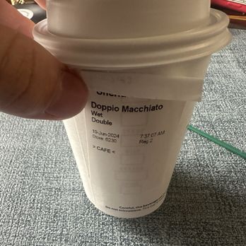 Starbucks - Ordered 3 doppio espresso macchiato, and instead i got watered down milk, with no foam, no coffee, no shots. - Coffee & Tea Near Me - Dallas, Texas