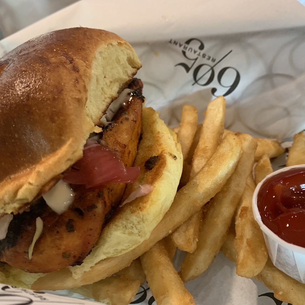 Restaurant 605 - Jerk Chicken Sandwich with fries - Bars Near Me - Albany, New York