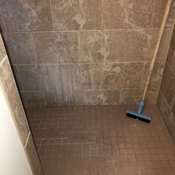 Pristine Specialty Cleaning - Soap scum & mineral build up in tile shower.