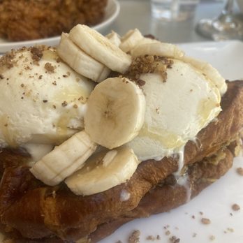 Harry's Restaurant - Baklava French toast, added banana (side of Spicy fried Deboned chicken (white or dark )) - Breakfast & Brunch Near Me - Houston, Texas Harry's Restaurant - Baklava French toast, added banana (side of Spicy fried Deboned chicken (white or dark )) - Breakfast & Brunch Near Me - Houston, Texas