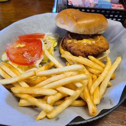 Savanna Marina Cafe - Crispy fried chicken sandwich with fries, ordered no cheese