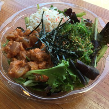 Poke Square - Albacore and spicy tuna tossed with mild house sauce atop greens, with wakame and Krab salad. So good. - Poke Near Me - Seattle, Washington Poke Square - Albacore and spicy tuna tossed with mild house sauce atop greens, with wakame and Krab salad. So good. - Poke Near Me - Seattle, Washington