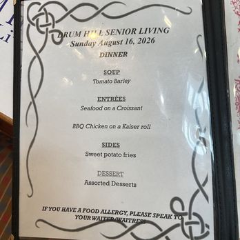 Drum Hill Senior Living Community - 8/16/26 - today's dinner menu - Senior Centers Near Me - Peekskill, New York Drum Hill Senior Living Community - 8/16/26 - today's dinner menu - Senior Centers Near Me - Peekskill, New York