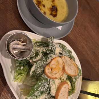 Drakes Sonoma Coast - Spring onion soup and caesar salad with anchovies on the side - New American Near Me - Bodega Bay, California