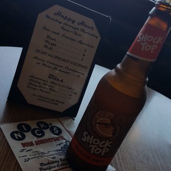 Nick's Seafood Restaurant - Nice cold Shock Top before my delicious Rib Eye Sandwich - Seafood Near Me - Pacifica, California