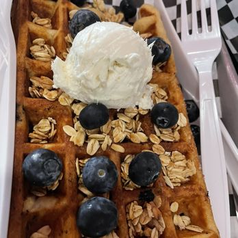 Mary's Cafe - Mary J. Blueberry Waffle - blueberry stuffed, cream cheese frosting, and housemaid granola - Coffee & Tea Near Me - Austin, Texas Mary's Cafe - Mary J. Blueberry Waffle - blueberry stuffed, cream cheese frosting, and housemaid granola - Coffee & Tea Near Me - Austin, Texas