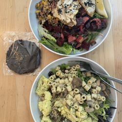 Nourish Bowls $13.50: (T) Beets + Pear, Southwest Quinoa, BC Seared Albacore Tuna (+$7) and (B) Curried Cauliflower, Wild Mushroom Ditalini