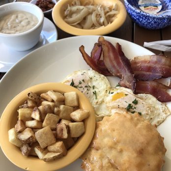 Gaffers - Biscuit and gravy, 2 fried eggs, and their home fries. I dressed up my potatoes with sides of onions and bacon. - Bars Near Me - Emerald Isle, North Carolina