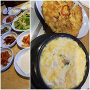 Photo of Mo Ran Gak Restaurant - Garden Grove, CA, United States. Banchan, pancake and steamed egg.