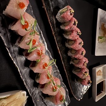 Kaviar Restaurants - Pasadena - Toro roll on the right, amberjack blue fin tuna roll on the left. - Sushi Bars Near Me - Pasadena, California Kaviar Restaurants - Pasadena - Toro roll on the right, amberjack blue fin tuna roll on the left. - Sushi Bars Near Me - Pasadena, California