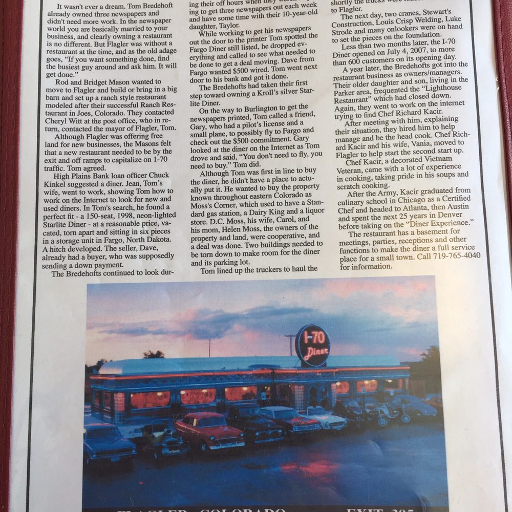 I-70 Diner - Menu as of August 2017. - Diners Near Me - Flagler, Colorado