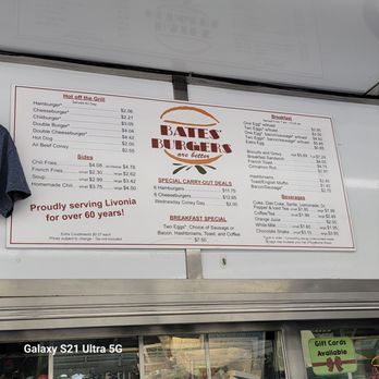 Bates Burgers - Current Menu on the wall. INEXPENSIVE! - Burgers Near Me - Livonia, Michigan