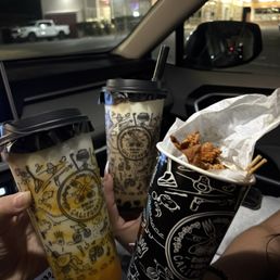 Mango yogurt, brown sugar boba and popcorn chicken