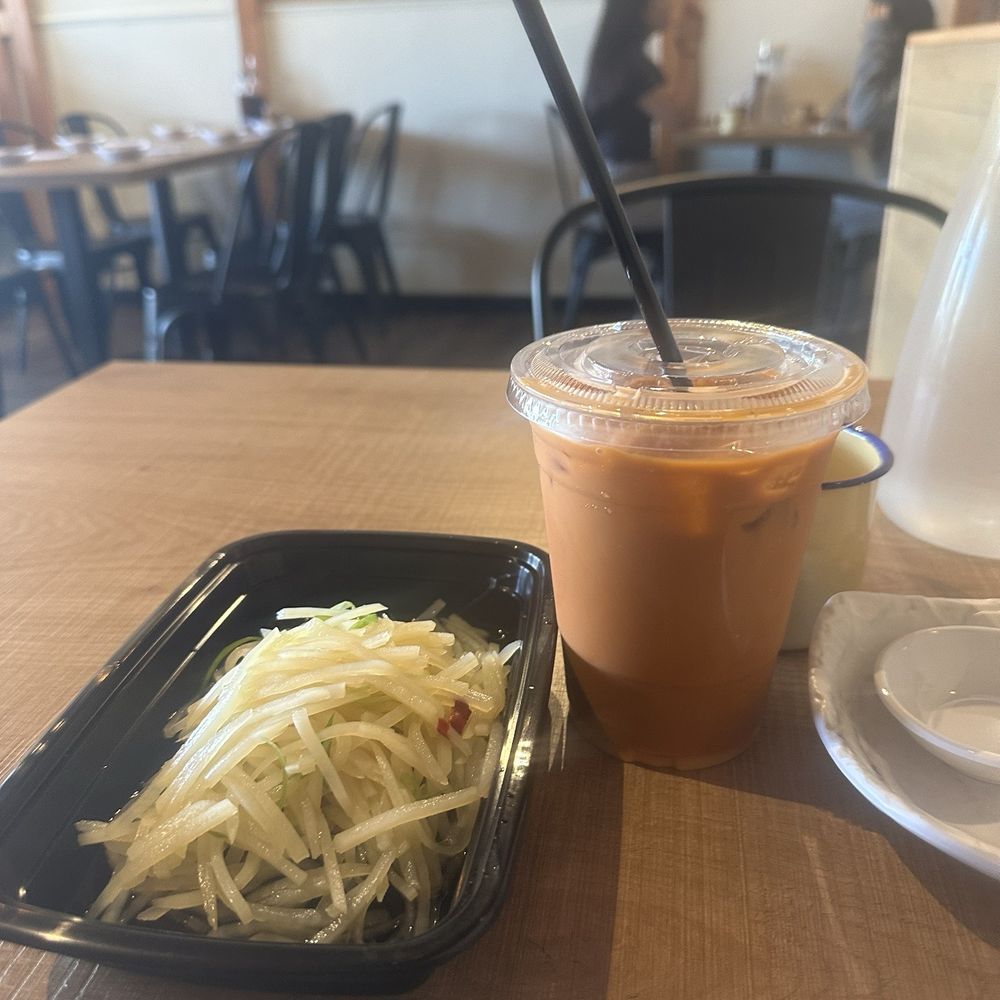Must Be Dumpling - Sliced potato salad and Thai iced tea - Chinese Near Me - Pacifica, California Must Be Dumpling - Sliced potato salad and Thai iced tea - Chinese Near Me - Pacifica, California