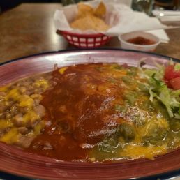 Blue corn enchiladas, Christmas style Blue corn enchiladas, Christmas style