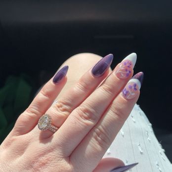 Happy Nails And Spa - Gel-x manicure with floral design and French tips on two fingers, with three fingers a solid color. - Nail Salons Near Me - Huntington Beach, California