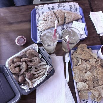 Union Hall - Fried shrimp and french fries, a chicken, quesadilla, chips and salsa, and two margaritas. - Food Court Near Me - Waco, Texas
