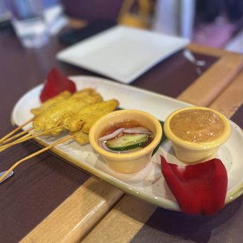 Sugar & Spice - Chicken satay with peanut sauce and some sort of pickled sweet and sour sauce - Thai Near Me - Cambridge, Massachusetts