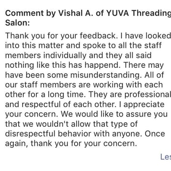 YUVA Threading Salon - Vishal's response to my review. SMH! - Eyelash Service Near Me - Anaheim, California