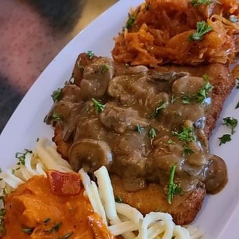 German Guys - Hunter Schnitzel with Spaetzle with Gypsy sauce and Bigo. - German Near Me - Stockton, California German Guys - Hunter Schnitzel with Spaetzle with Gypsy sauce and Bigo. - German Near Me - Stockton, California