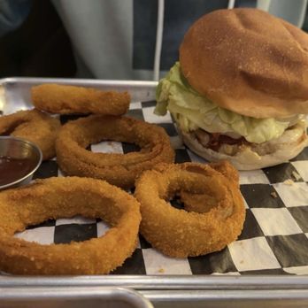 Urban Stack - The Italian Burger (no tomato) and Side of Onion Rings - Burgers Near Me - Chattanooga, Tennessee