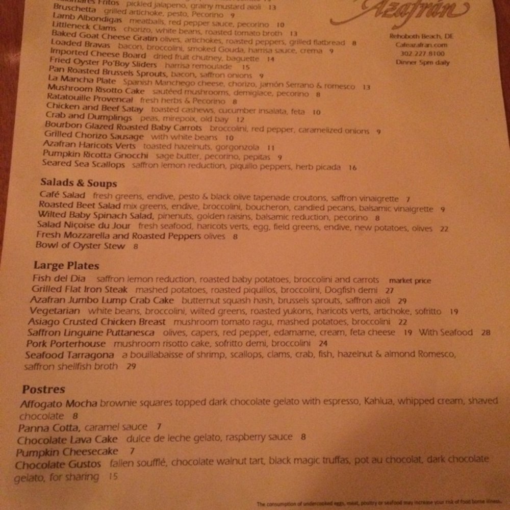 Cafe Azafran - Dinner Menu (loved the tapas). - Breakfast & Brunch Near Me - Rehoboth Beach, Delaware Cafe Azafran - Dinner Menu (loved the tapas). - Breakfast & Brunch Near Me - Rehoboth Beach, Delaware