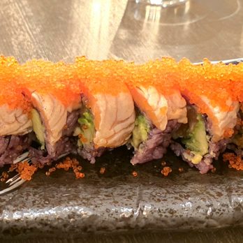 Kuro Sushi - Orange Blossom roll, modified as seared salmon on top, $20 - 3.5 Stars - Sushi Bars Near Me - Bellevue, Washington