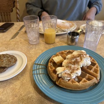PJ Piper Pancake House - bananas foster waffle & sausage patties. it came out on a blue plate so it was on the house!' - Diners Near Me - Cedarburg, Wisconsin PJ Piper Pancake House - bananas foster waffle & sausage patties. it came out on a blue plate so it was on the house!' - Diners Near Me - Cedarburg, Wisconsin