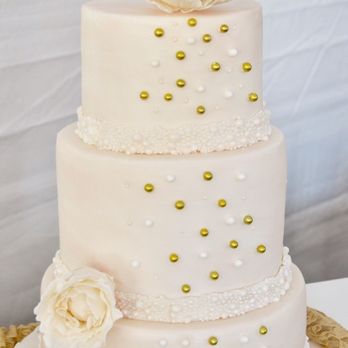 Deb's Cookies & Confections - Wedding cake.. gold and ivory with pearls. Was so beautiful - Bakeries Near Me