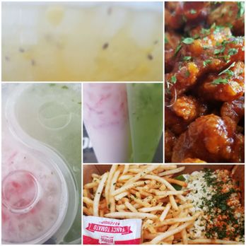 Zero Degrees - Beaverton - Mano green tea, bbq popcorn chicken, elotes w/fries, split cup w/strawberry horchata and cucumber limeade. - Coffee & Tea Near Me - Beaverton, Oregon