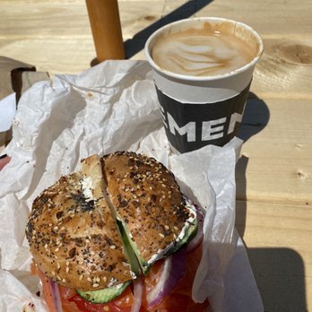 Pavement Coffeehouse - Latte w/ almond milk and classic lox on everything - Coffee & Tea Near Me - Boston, Massachusetts Pavement Coffeehouse - Latte w/ almond milk and classic lox on everything - Coffee & Tea Near Me - Boston, Massachusetts