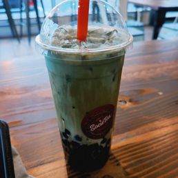 Brown Sugar matcha at 75% with extra boba. Brown Sugar matcha at 75% with extra boba.