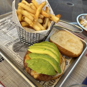 Barking Dog - Veggie dog burger, avocado, bread, beyond meat (not actually meat) and fries. - Breakfast & Brunch Near Me - New York, New York Barking Dog - Veggie dog burger, avocado, bread, beyond meat (not actually meat) and fries. - Breakfast & Brunch Near Me - New York, New York
